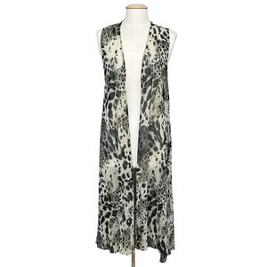 Animal Print Duster Vest Womens M Gray Leopard‎ Long Sheer Kimono Cardigan